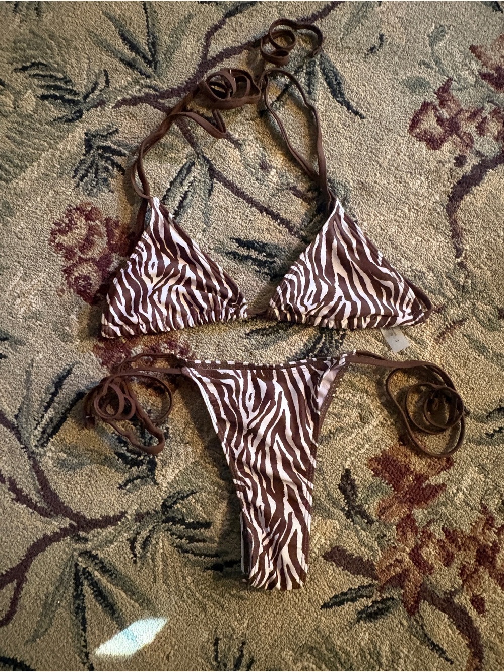 NEVER WORN- Brown and White Zebra-Print Triangle Bikini Set